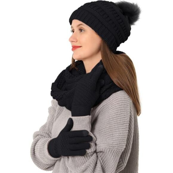 3pcs Women's Winter Beanie Hat Scarf and Touch Screen Gloves Set - Picture 1 of 5